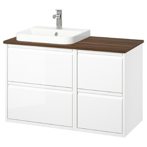 ÄNGSJÖN / BACKSJÖN Wash-stand/wash-basin/tap, high-gloss white/brown walnut effect, 102x49x71 cm