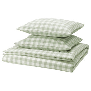 EKTANDVINGE Duvet cover and 2 pillowcases, pale grey-green white/check, 200x200/50x60 cm