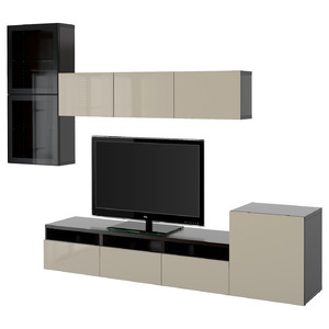 BESTÅ TV storage combination/glass doors, black-brown/Selsviken high-gloss/beige clear glass,  300x42x211 cm