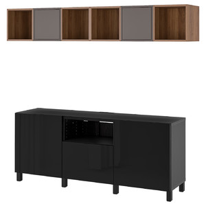 BESTÅ / EKET Cabinet combination for TV, black-brown dark grey/walnut effect, 210x42x220 cm