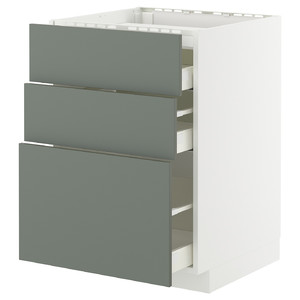 METOD / MAXIMERA Base cab f hob/3 fronts/3 drawers, white/Nickebo matt grey-green, 60x60 cm