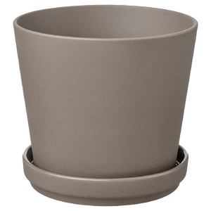 KLARBÄR Plant pot with saucer, in/outdoor grey-brown, 15 cm