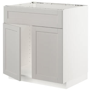 METOD Base cabinet f sink w 2 doors/front, white/Lerhyttan light grey, 80x60 cm
