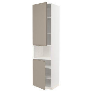 METOD High cab f micro w 2 doors/shelves, white/Upplöv matt dark beige, 60x60x240 cm