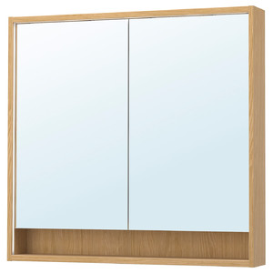 FAXÄLVEN Mirror cabinet w built-in lighting, oak effect, 100x15x95 cm
