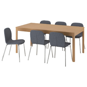 EKEDALEN / KARLPETTER Table and 6 chairs, oak/Gunnared medium grey chrome-plated, 180/240 cm