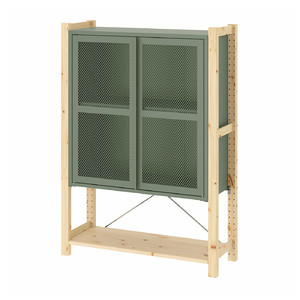 IVAR Cabinet with doors, pine/grey-green mesh, 89x30x124 cm