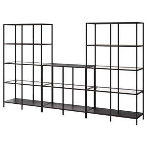 VITTSJÖ Storage combination, black-brown/glass, 300x36x175 cm