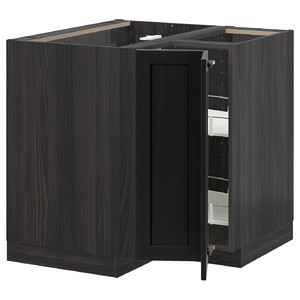 METOD Corner base cabinet with carousel, black, Lerhyttan black stained, 88x88 cm