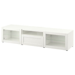 BESTÅ TV bench, white/Hanviken white clear glass, 180x42x39 cm