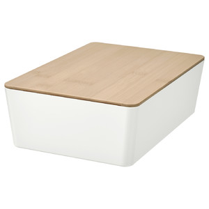 KUGGIS Box with lid, white/bamboo, 18x26x8 cm