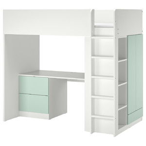 SMÅSTAD Loft bed, white light green/with desk with 3 drawers, 90x200 cm