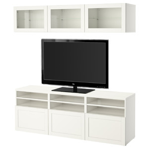 BESTÅ TV storage combination/glass doors, white/Hanviken white clear glass, 180x42x192 cm