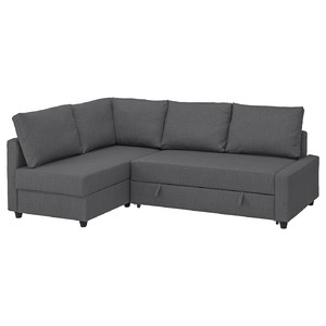 FRIHETEN Corner sofa-bed, 4-seat, with extra back cushions, Skiftebo dark grey