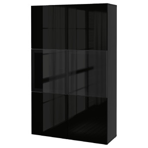 BESTÅ Storage combination w/glass doors, black-brown, Selsviken high-gloss/black, dimmed glass, 120x40x192 cm