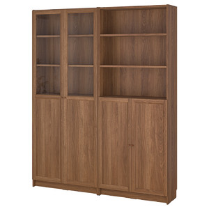 BILLY / OXBERG Bookcase with panel/glass doors, brown walnut effect/clear glass, 160x30x202 cm