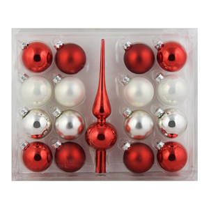 Christmas Baubles 6cm 16pcs & Christmas Tree Topper 1pc, glass, white/red