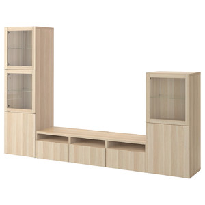 BESTÅ TV storage combination/glass doors, white stained oak effect/Lappviken white stained oak eff clear glass, 300x42x193 cm