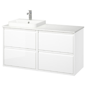 ÄNGSJÖN / BACKSJÖN Wash-stand/wash-basin/tap, high-gloss white/white marble effect, 122x49x71 cm