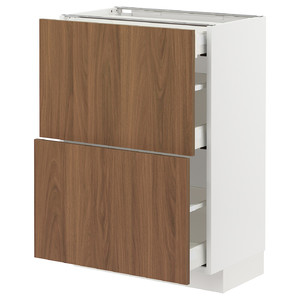 METOD/MAXIMERA Base cab with 2 fronts/3 drawers, white/Tistorp brown walnut effect, 60x37 cm