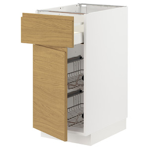 METOD / MAXIMERA Base cab w wire basket/drawer/door, white/Voxtorp oak effect, 40x60 cm