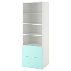 SMÅSTAD / PLATSA Bookcase, white pale turquoise/with 2 drawers, 60x57x181 cm