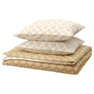 ORMÄNGSFLY Duvet cover and 2 pillowcases, yellow-beige/white, 200x200/50x60 cm