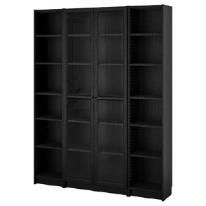 BILLY / OXBERG Bookcase comb w glass doors, black oak effect, 160x202 cm