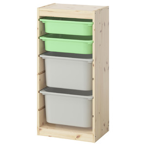 TROFAST Storage combination with boxes, light white stained pine/light green grey, 44x30x91 cm