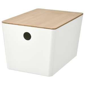 KUGGIS Box with lid, white/bamboo, 18x26x15 cm