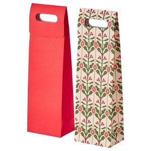 VINTERFINT Gift bag for bottle, mixed patterns off-white/red, 13x41 cm