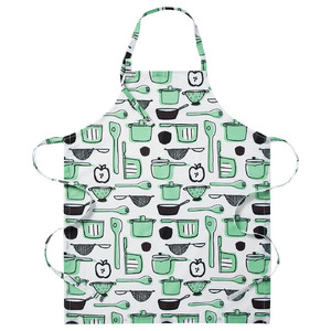 RINNIG Apron, white/green, patterned