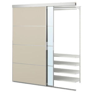 SKYTTA / BOAXEL Reach-in wardrobe with sliding door, aluminium Mehamn/Auli/grey-beige mirror glass, 177x65x205 cm