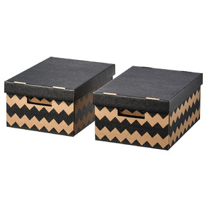 PINGLA Box with lid, black/natural, 28x37x18 cm, 2 pack