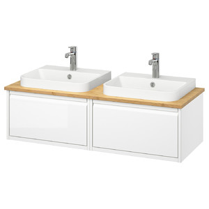 ÄNGSJÖN / BACKSJÖN Wash-stand/wash-basins/taps, high-gloss white/bamboo, 122x49x41 cm