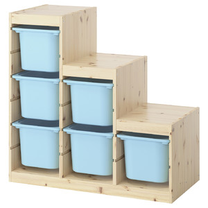 TROFAST Storage combination with boxes, light white stained pine/light blue, 94x44x91 cm