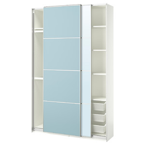 PAX / MEHAMN/AULI Wardrobe with sliding doors, white double sided/light blue mirror glass, 150x44x236 cm