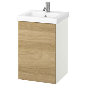 ENHET / TVÄLLEN Wash-stnd w door/wash-basin/tap, white/oak effect, 44x43x65 cm