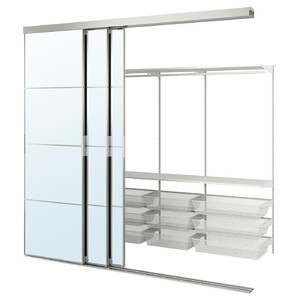 SKYTTA / BOAXEL Walk-in wardrobe with sliding doors, aluminium/Auli mirror glass, 251x115x240 cm