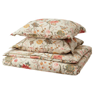 NÄSSELKLOCKA Duvet cover and 2 pillowcases, light grey-beige/multicolour, 200x200/50x60 cm