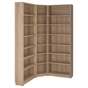 BILLY Bookcase corner comb w ext units, oak effect, 136/136x28x237 cm