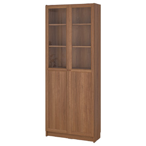 BILLY / OXBERG Bookcase with panel/glass doors, brown walnut effect, 80x30x202 cm