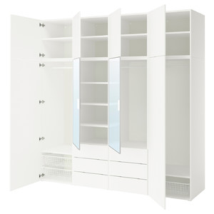 PLATSA Wardrobe combination, white STRAUMEN mirror glass /FONNES white, 240x57x241 cm