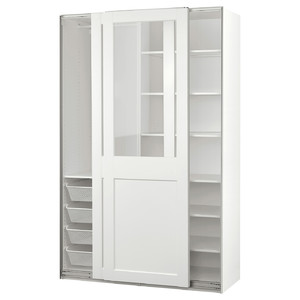 PAX / GRIMO Wardrobe combination, white/clear glass white, 150x66x236 cm