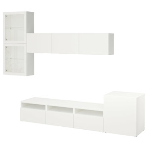 BESTÅ TV storage combination/glass doors, white/Lappviken white clear glass, 300x42x211 cm