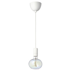 SUNNEBY / MOLNART Pendant lamp with light bulb, white/ellipse shaped multicolour