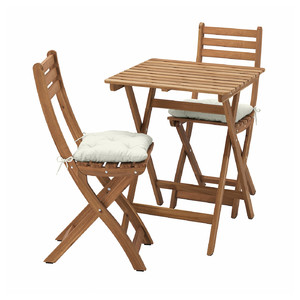 ASKHOLMEN Table+2 folding chairs, outdoor, dark brown/Kuddarna beige, 60x62 cm
