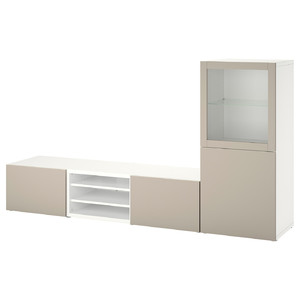 BESTÅ TV storage combination/glass doors, white Sindvik/Lappviken light grey/beige, 240x42x129 cm