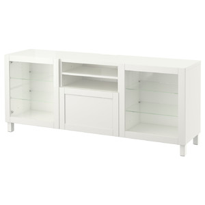 BESTÅ TV bench with drawers, white/Hanviken/Stubbarp white clear glass, 180x42x74 cm