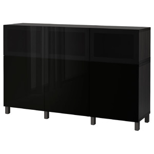 BESTÅ Storage combination with doors, black-brown, Selsviken/Glassvik high-gloss/black, smoked glass, 180x40x112 cm